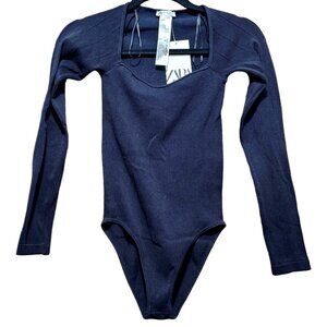 Zara Square Neck Black Long Sleeve‎ Ribbed Bodysuit Size M-L